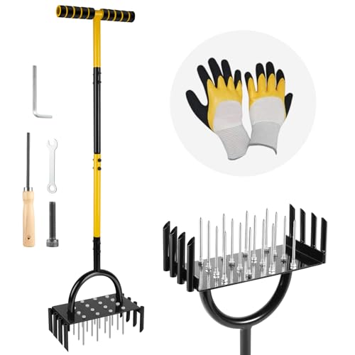 2 in 1 Rasenlüfter, Aerifizierer für Rasen mit 16 Eisenspikes und 8 Entkernungslöcher, T-Griff Rasenbelüfter mit Reinigen Sie den Griff und Handschuhe, Rasen Belüften für Höfe, Garten