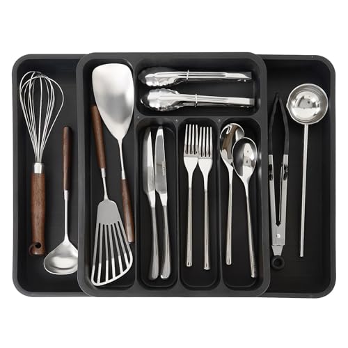 samsto Besteckkasten für Schubladen - Verstellbarer Besteckeinsatz - Schubladeneinsatz Küche - Besteck Organizer - (28-50) x36x5.5cm - Schwarz
