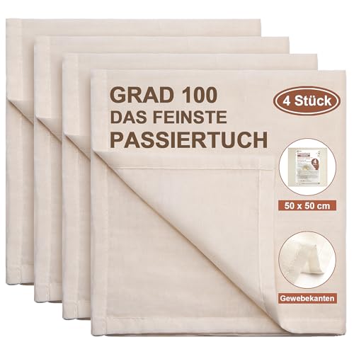 eFond Passiertuch, 4 Stück 50x50cm Käsetuch Feingewebt Dichtegrad 100 Cheesecloth Ungebleichte Reine Baumwolle mulltuch mit Sauber Umgeschlagene Saum, Seihtuch Waschbar und Wiederverwendbar