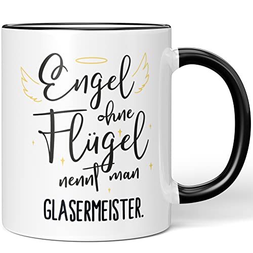 JUNIWORDS Tasse, Engel ohne Flügel nennt man Glasermeister, Schwarz (5165334)