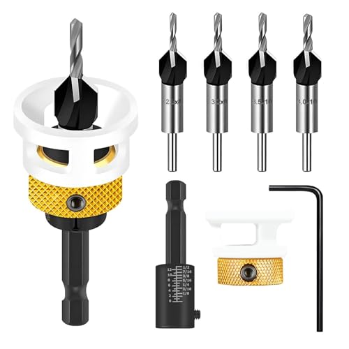 6 tlg Kegelsenker-Bohrer-Set, Senkbohrer-Set, Bohrsenker mit Tiefenanschlag, Senker Holzbohrer mit 1/4" Hex Schaft aus HSS-M2, Präzise Bohrungen für Holzverarbeitung