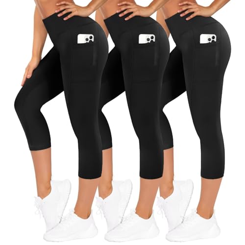 TNNZEET 3er Pack Leggings Damen 3/4 mit Taschen Capri für Sport, High Waist 7/8 Caprihose Sporthose für Gym(Schwarz/Schwarz/Schwarz,4XL)