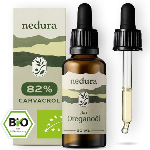 nedura® BIO Oregano Öl [100% NATURREIN] +82% Carvacrol - Oregano Oil in Lebensmittelqualität - Vielseitiges Ätherisches Öl Hochdosiert - Oreganoöl Bio aus Spanien - 30ml
