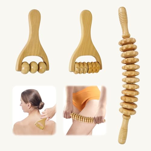 Massageroller Holz 3 Stück Rückenmassageroller, Faszienstab Holz mit Griff, Manuelle Holztherapie-Massagewerkzeuge zur Lymphdrainage Entspannung von Rücken, Bein, Händen, Ganzkörpermuskulatur