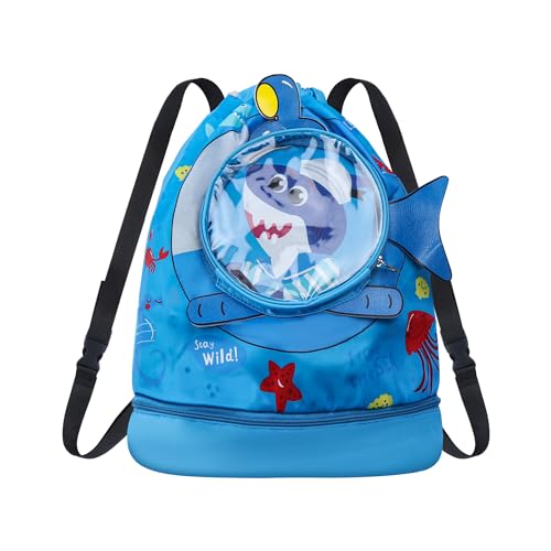 Friedwohl Kinder Schwimmtasche, Mädchen Jungen Wasserdicht Turnbeutel Schwimmrucksack Trainingstasche mit Nassfach, Nasser und Trockener Sportrucksack，Haifisch