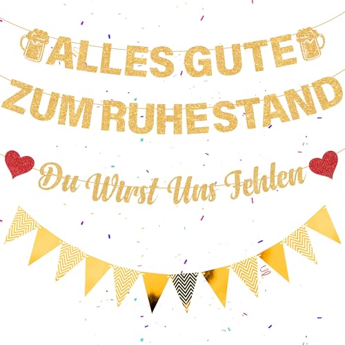 Ruhestand Deko Vormontiert Rente Dekoration – 53 Stück Gold Glitzer Partyzubehör Alles Gute zum Ruhestand Banners Du wirst Uns fehlen Girlande für Mann Frauen Abschiedsfeier Pension Abschied Party