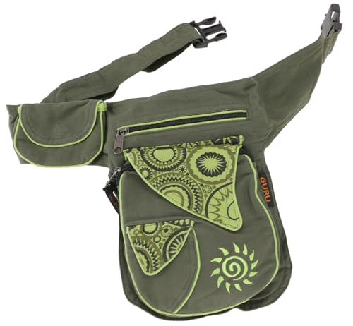 GURU SHOP Stoff Sidebag & Gürteltasche, Goa Hüfttasche, Bauchtasche mit Stickerei Sonne - Olivgrün, Herren/Damen, Baumwolle, Size:One Size, 25x20x10 cm, Festival- Bauchtasche Hippie