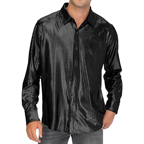 Glitzer Hemd Herren 70er Jahre Outfit Herrenhemd Metallic Glänzend Nachtklub Pailletten Shirt Langarm Retro Partyshirt Fasching Oberteile Freizeithemd Glitzerhemd Disco Party Karneval Kostüm