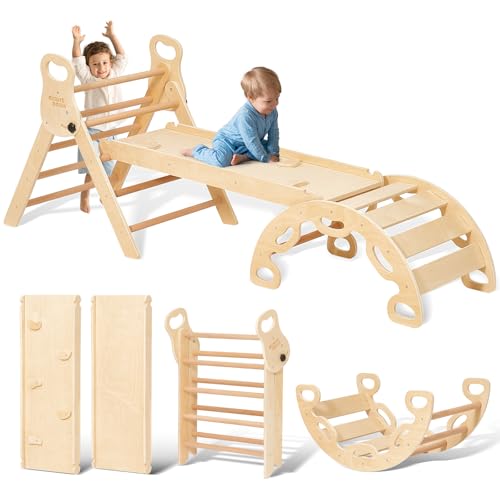 Giant bean 7-in-1 Montessori Kletterdreieck mit Kletterbogen und Rutsche, Holzdreieck für Kleinkinder ab 1-3, Indoor Kletterspielzeug, Regenbogen mit Griff, Hellbraun, S