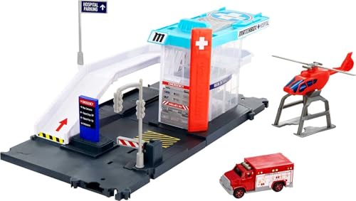 Matchbox GVY83 - Notrettung Spielset mit 1 Krankenwagen im Maßstab 1:64 und Hubschrauber mit Transportmöglichkeit für Fahrzeuge, Spielzeug für Kinder ab 3 Jahren