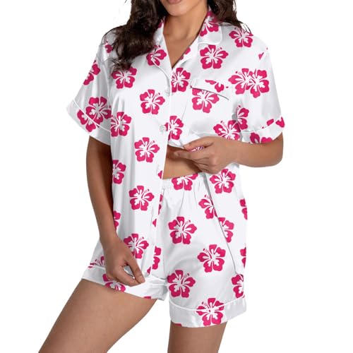 Sommer Outfit Damen Damenmode Bedrucktes Homewear-Set Lockeres, bequemes, lässiges Kurzarm-Bluse-Shorts-Zweiteiler-Set Reizwäsche Set (White, S)