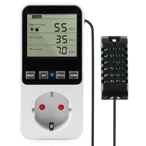 Temperaturregler Steckdose 230V Luftfeuchtigkeitsregler mit Fühler, Digital Thermostat Hygrostat Steckdose, Temperaturschalter mit Zeitschaltuhr Alarm für Gewächshaus Aquarium Terrarium Pilz
