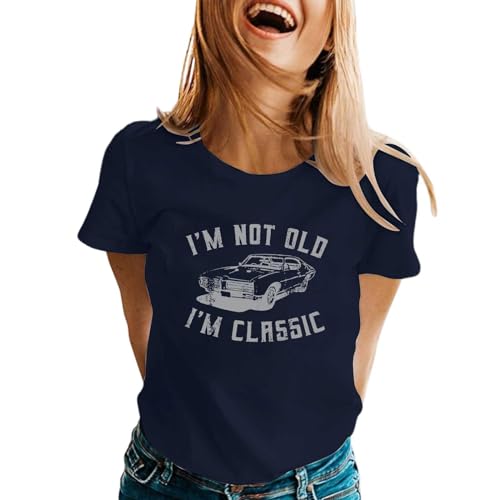T-Shirt Damen Casual, lässig, lustiger Auto-Aufdruck, Rundhals-Kurzarm-T-Shirt T-Shirts für Damen mit Dru﻿ ﻿ (Navy, S)