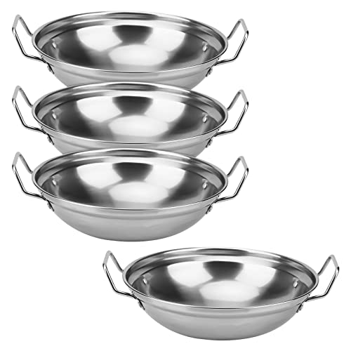 FAAING 4 Stück Edelstahl Indische Servierschale, 27 x 7 cm runde Curry Servierschalen mit Griff, Indisches Geschirr Edelstahl Balti Schale für Indisches Essen, Karahi-Gerichte