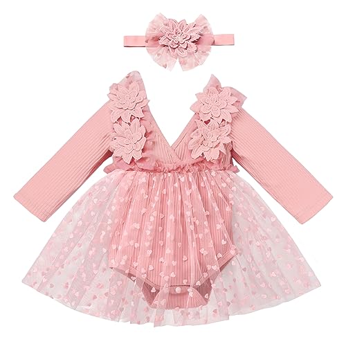 Baby M?dchen Strampler Kleid Geburtstag Fotoshooting Outfit Blume Gerippte R?sche T?llkleid Langarm V-Ausschnitt Body Tutu Rock mit Stirnband 2tlg Herbst Winter Bekleidungset Rosa-Herz 6-12 Monate