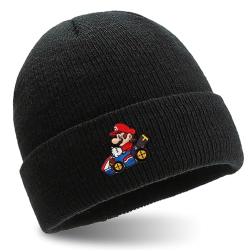 MAJEQZGY Mario Beanie Strohmütze Strickmütze Mario Winter Beanie Mützen Weiche Skimütze Wollmütze Geschenk für Kinder im Alter von Jugendliche (DE/NL/SE/PL, Alphanumerisch, M, Schwarz)