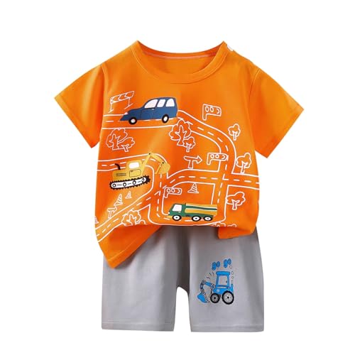 KODMNSW Bekleidungssets für Jungen Sommer Kleidung Outfit 2-tlg Gr.73-130 Cartoon Print Kurzarm Tshirt Tops & Casual Shorts Sportbekleidung Jogginganzug Kinderkleidung Warehouse Deal Orange 120