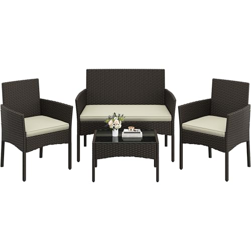Yaheetech 4-er Gartenmöbel Set Balkonmöbel Set aus Polyrattan Terassenmöbel Außen mit 2er Sofa, 2 Stühle, Tisch & Sitzkissen für Terrasse/Balkon/Garten, Braun & Beige