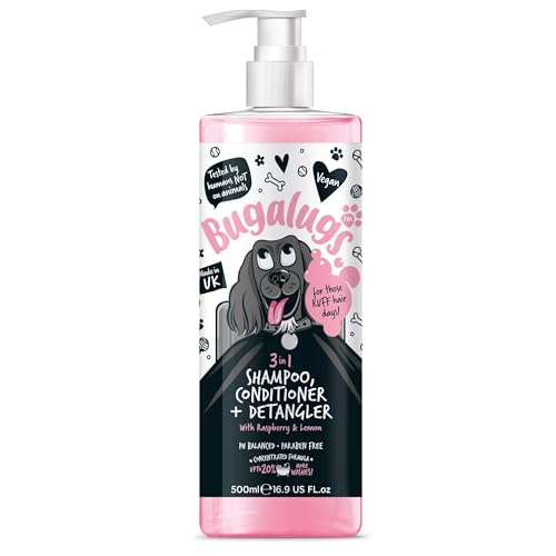 BUGALUGS Hunde-Shampoo, 3-in-1-Shampoo, Conditioner und Entwirrer, Himbeer- und Zitronenduft für stinkende Hunde, bestes Hundemantel, Welpen-Shampoo, Haustierzubehör (Shampoo, 500 ml)