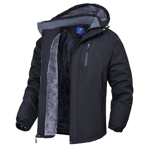 Zzkouine Herren Winter wasserdichte Fleecejacke - Wasserdichte Berg-Skijacke Winddichte Fleece Outdoor-Winterjacke mit Kapuze-Black-M