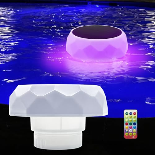 Fisca Pool Dosierschwimmer mit Lichtern, 2 Stück, solarbetriebener Chlor-/Bromspender für 7,6 cm Tablet, LED-Licht, Anti-Schrumpf-Spa, Chemikalienspender für Außenpool mit Fernbedienung