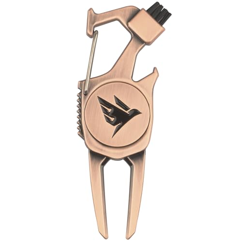 SWIFTEE Golf Pitchmarken-Reparaturwerkzeug 7-in-1 – Schlägerhalter, Bürste, Clip-Schnalle, Rillenreiniger, Flaschenöffner, Ballmarker, Pitchgabel – Geschenkbox enthalten (Antik-Kupfer)