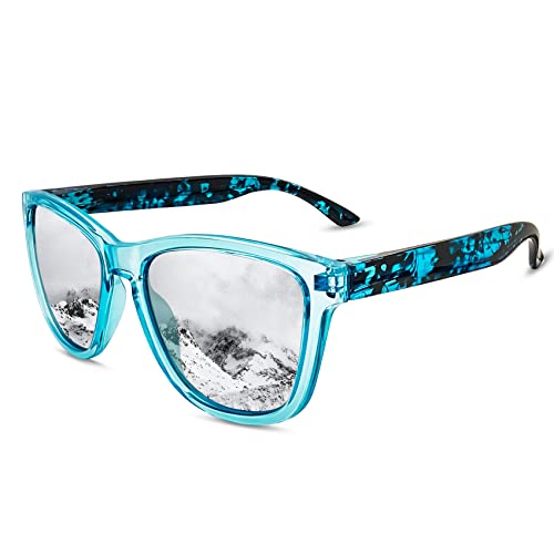 KANASTAL Polarisierte Sonnenbrille Herren Damen Klassische Retro Rechteck Sonnenbrille UV400 Schutz für Reise Wandern und Alltag, Hell Blau Leopard Rahmen Verspiegelt Silber Gläser