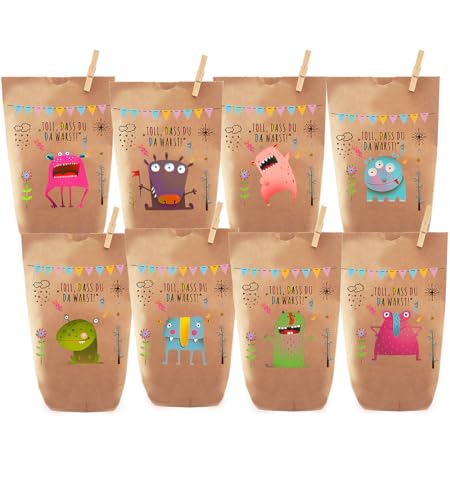 Paul´s Papierfabrik 8 bunte Monster Geschenktüten/Papiertüten, Tüten liebevoll bedruckt, für Geschenke, Gastgeschenke, Mitgebsel, Giveaways, Kindergeburtstag, Hochzeit (Monster acht)