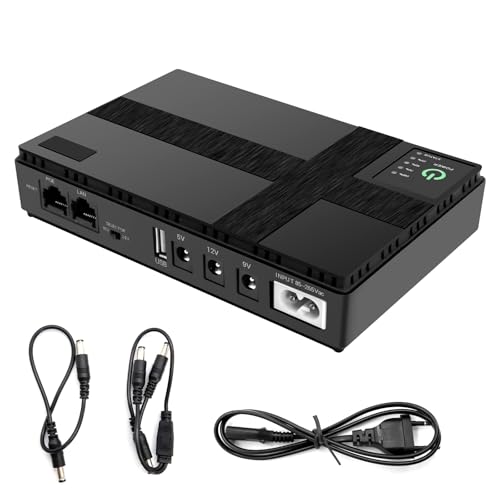 Effdrdfs Mini-USV-Akku für Router, unterbrechungsfreie Stromversorgung mit 10400 mAh Powerbank, USB-Ausgang 5 V 2 A, 5 V 9 V 12 V 2 A DC, Sicherheitskameras, Smartphone - Schwarz, Kompakt