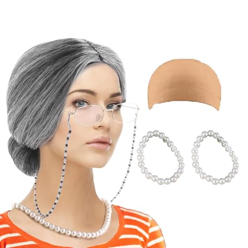 Old Lady Kostüm Set-100 Tage Schul Oma Perücken Kostüm-Set, Halskette Cosplay-Kostümverkauf, Kinderkostüm für Frauen und Mädchen (7-teiliges Set/9-teiliger Set)