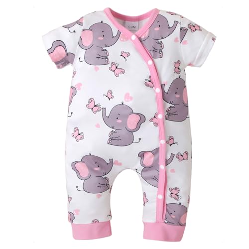 KONFEN Baby Kleidung Mädchen Sommer Outfit, Kurzarm Neugeborenes Strampler Shorts Elefant und Schmetterling Muster, Neugeborenen Babykleidung Knopf Einteiler Jumpsuit Spielanzug für 1-3 Monate, Rosa