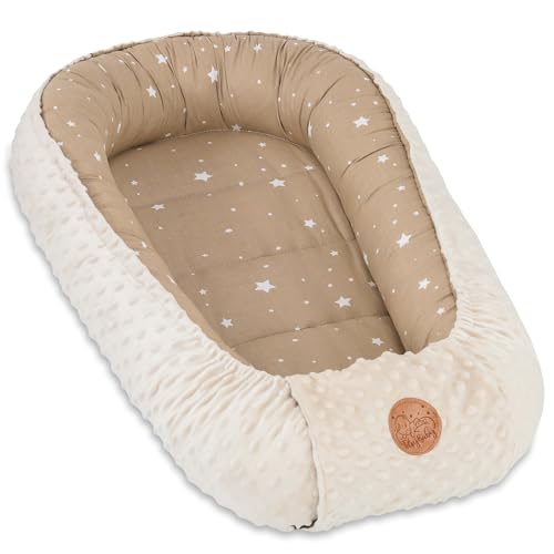 Nestchen Baby - Babynestchen Neugeborene Minky Babynest für kinderbett Vielseitiges tragbar Nest kuschelnest zubehör für babybett warm winter coccon Beige mit Weiß Sternen