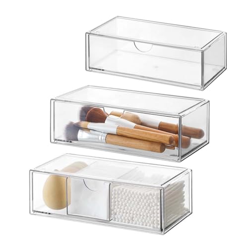 DoocliB Badezimmer Organizer Mini mit Schubladen 3 Set, aus Acrylic stapelbar Transparent,für Kommode Waschtisch Badezimmer Spiegelschrank innen