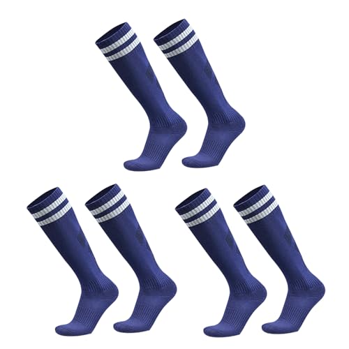 SKHAOVS 3 Pairs Kinder Dunkelblaue Lange Fußballsocken, Kniehohe Fußball Basketball Rugby Socken, Atmungsaktive Sportsocken Trainingssocken für 5–12 Jahren, Jungen und Mädchen (Polyester, Navy Blue)