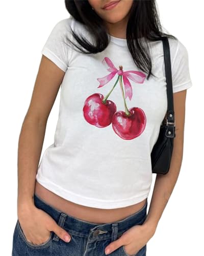Y2K Baby-T-Shirts für Damen, lässig, schmale Passform, Schleife, Obst-Grafikdruck, bauchfreies Top, Sommer, Rundhalsausschnitt, Flügelärmel, zum Ausgehen, C-Kirsche, Small