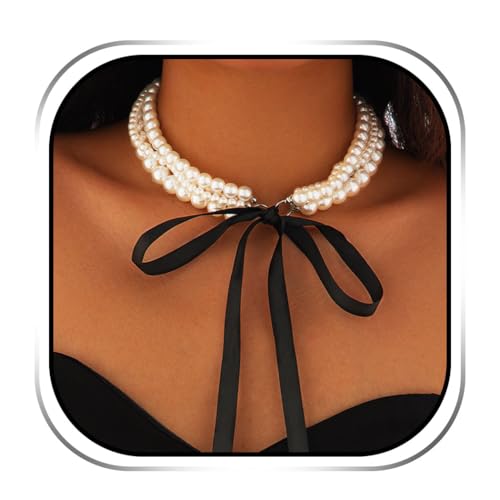 Handcess Perlen Halskette mit Schleife Perlen Mehrfachkette Perlen Choker Halsketten für Damen