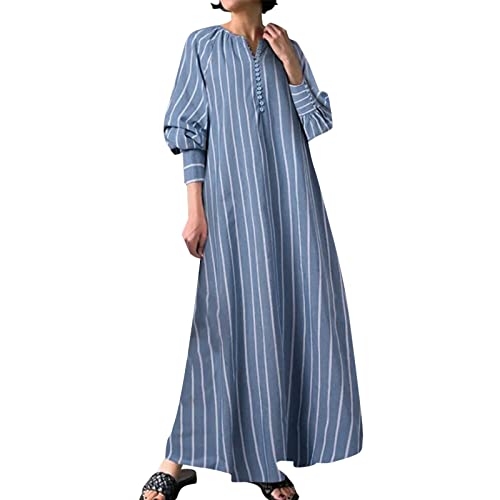 kleid in Übergröße für Damen 2023, lockere Passform, leiste, gestreift, Hemdkleid, lange Blasenärmel, Leinen-Maxikleid, Blau, 4X-Groß