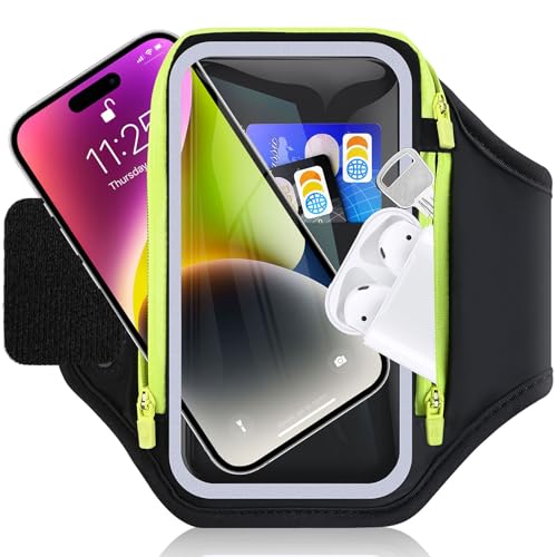 RAZOBWS Sporttelefon Armband, handlich mit Kopfhörer-Tasche, 6,9 Zoll Handyhalter-Armtasche für iPhone 16 15 14 13 12 Pro Max Galaxy S23 S22 mit Kopfhörer-Schlüsseltasche zum Joggen Laufen Jogging