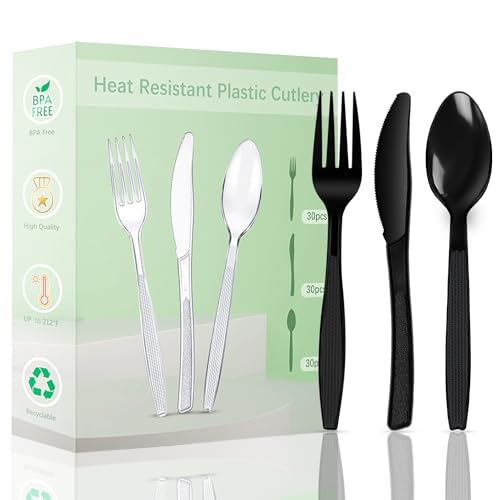 Plastikbesteck Set 90 Stück,30 Plastikgabeln,Messer und PlastikLöffel,Wiederverwendbar PlastikBesteck Schwarz und Robustem Bestecksets für Geburtstagsfeier Grillparty Hochzeit ect