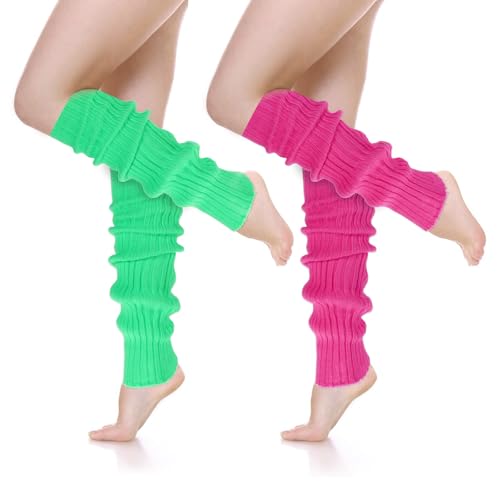Tyqour 2 Paar Beinstulpen Neon Strümpfe für 80er 90er Jahre Damen Bein Stulpen Neon Pink Fluoreszierend Grün Gestrickte Beinstulpen 80er 90er Jahre Motto Party Fasching Karneval