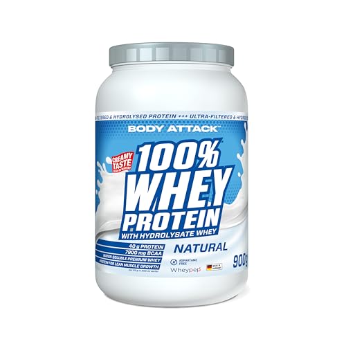 Body Attack 100% Whey Protein - Natural - 900 g - Made in Germany - Extra cremiges Eiweißpulver mit Hydrolysat & BCAA´s, unterstützt Muskelaufbau und Diäten - Für Sportler & Athleten