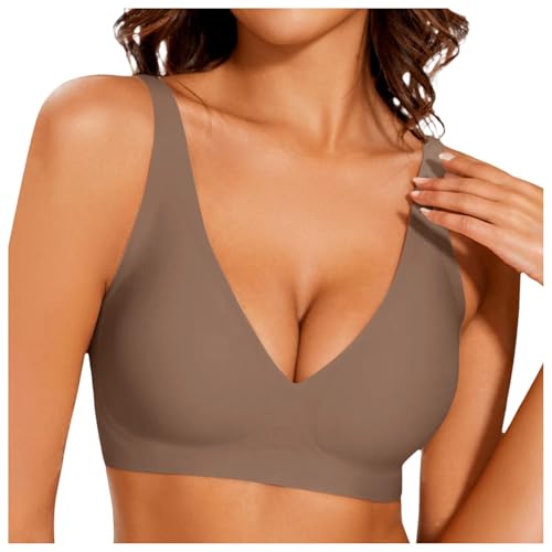 Nahtlose BH-BHs für Damen, bügellos, tiefer V-BHs für Damen, ohne Bügel, vollständige Abdeckung, T-Shirt-BH, gemütlich, kabellos, nahtloser Alltags-BH, Muttermilch-Körbchen für BH, coffee, M
