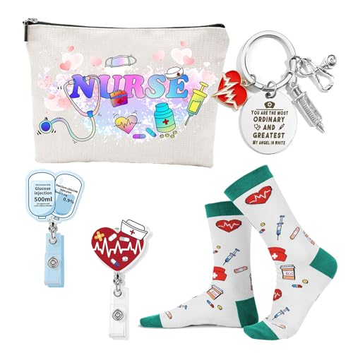 Krankenschwester Geschenke Set – Kosmetiktasche, Socken, Schlüsselanhänger & 2 Ausweishalter für Pflegepersonal – Praktisches Krankenschwester Zubehör & Nurse Accessories