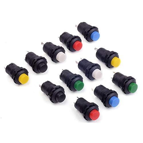 30 Stück 12mm 6 Farben/5 verriegelbare vorverdrahtete Mini-Taster, SPST-Schalter, runde flache Tasten für Modelleisenbahn-Hobby