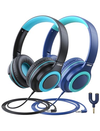 iClever Kinder Kopfhörer mit Sharing Splitter [2 Pack]- 85dB Safe Volume Limited - HS22 Kopfhörer für Kinder mit Kabel, Tangle-Free Faltbar Stereo Kopfhörer für Schule/Tablet/Reisen, Blau&Schwarz