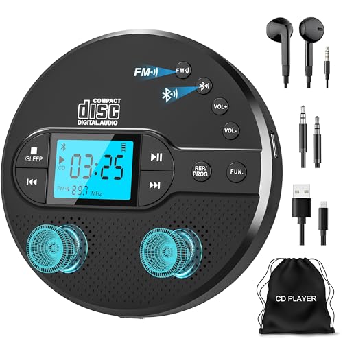 NEU 2025 Bluetooth CD Player Tragbar, Greadio Discman CD Player mit 2000mAh Wiederaufladbarer, Kompatibler FM-Transmitter, USB, AUX-Ausgang, Walkman CD Spieler mit Kopfhörer und Anti-Skip/Stoßfest