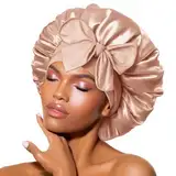 BONNET QUEEN Seidenhaube zum Schlafen Silk Bonnet Schlafhaube Seidenhaube Satin Hair Haarhaube Sleep Cap für locken Haare für Damen mit Verstellbare Bindeband， Champagner