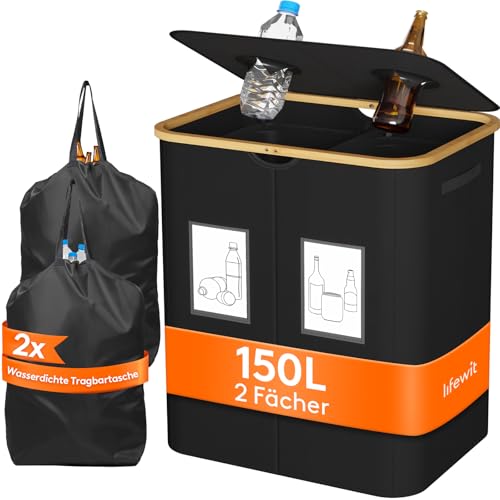 Lifewit 150L Pfandflaschen Sammelbehälter, Flaschen Organizer mit Deckel, Flaschensammler Leergut 2 Fächer, Pfandflaschen Aufbewahrung, Pfandflaschen Behälter für Kunststoff, Glasflaschen, Schwarz