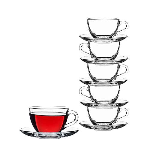 Pasabahce 97948 Basic, 6 Tassen mit 6 Untertellern, für Tee, Kaffee, Cappuccino, für 6 Personen transparent