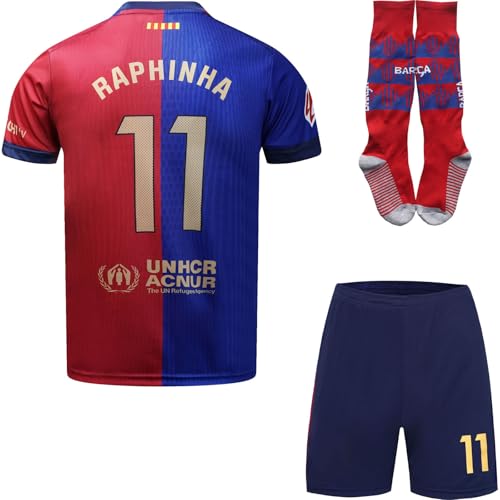 HUSSATEX Barca 2024/2025 Rapinha Heim Kinder Fußball Trikot & Shorts mit Socken Geschenk Set Jugendgrößen (Blau,26)